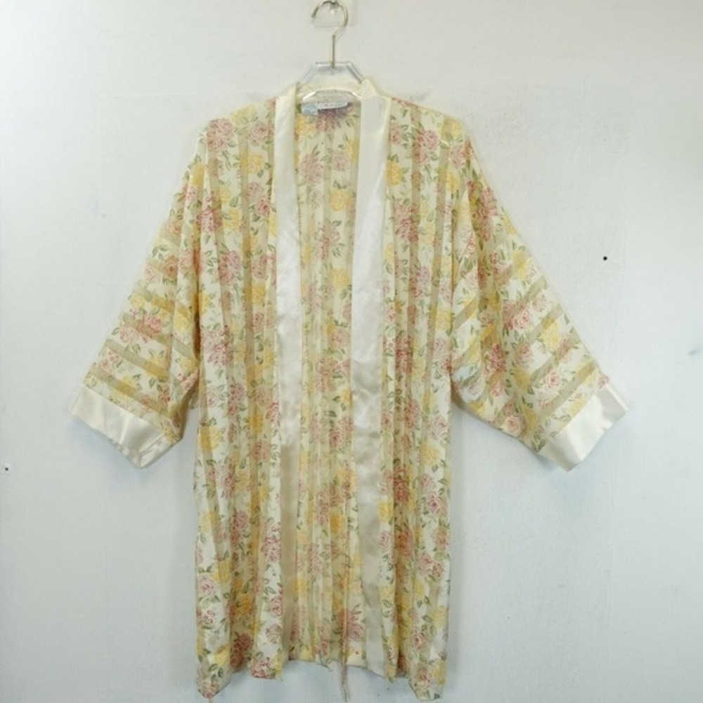 Vintage ETIENNE‎ Kimono Robe Womens SMALL Yellow Floral Nightwear Dressing Gown
